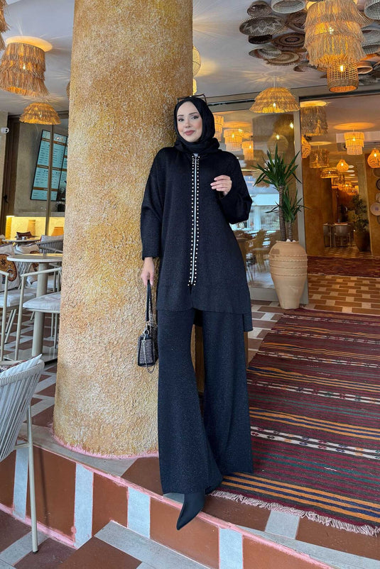 Lüks Taş Şeritli Simli Triko İkili Takım Siyah