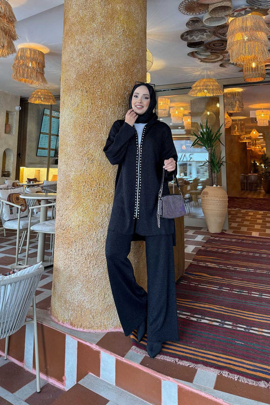 Lüks Taş Şeritli Simli Triko İkili Takım Siyah