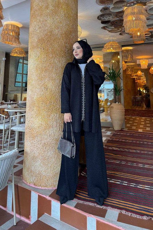 Lüks Taş Şeritli Simli Triko İkili Takım Siyah