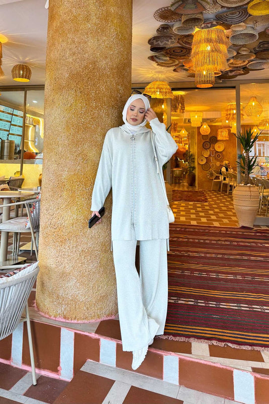 Ensemble deux pièces en tricot pailleté à rayures de luxe Stone