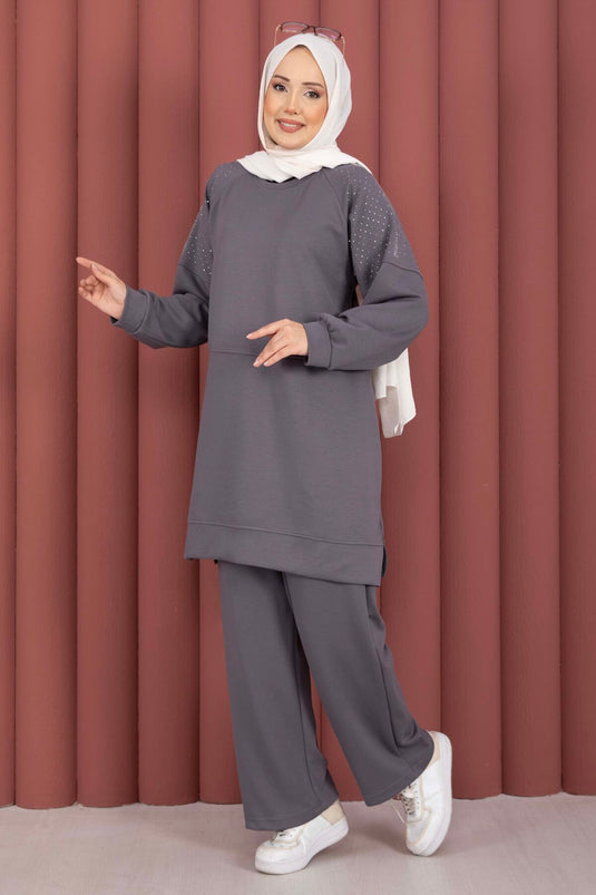 طقم أويشو المزدوج بتفاصيل حجر القمر رمادي