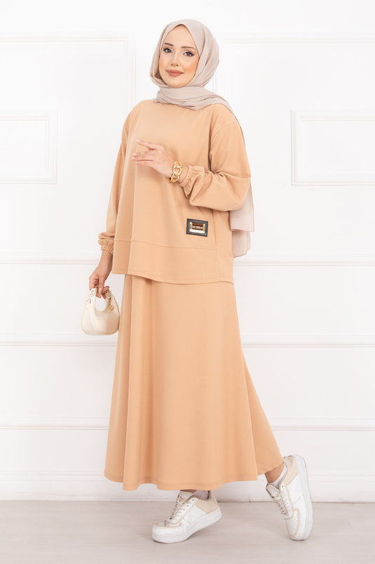 Luvia Goldverziertes Rock-Hijab-Set in Kamel