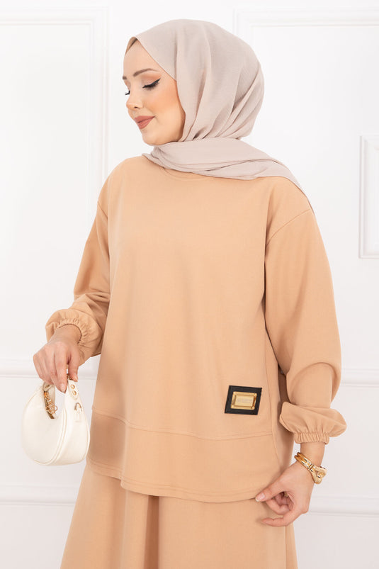 Luvia Gold Embellished Skirt Hijab Set in Camel