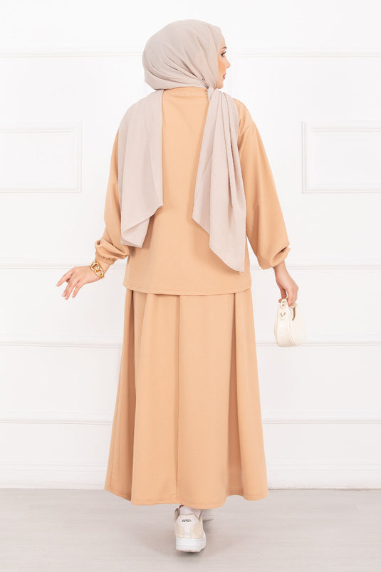 Luvia Goldverziertes Rock-Hijab-Set in Kamel