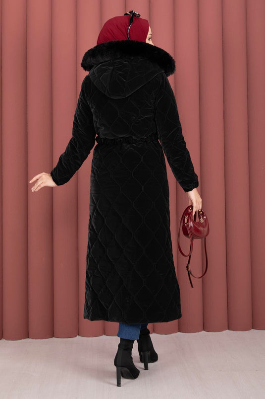 Luxe Kemerli Kürk Kapüşonlu Nova Kaban Siyah