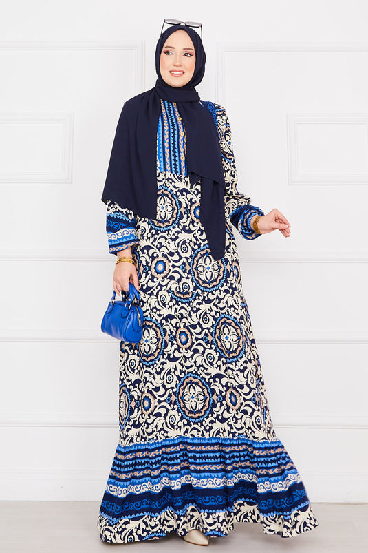 Medallion Patterned Viscose Hijab Dress Indigo