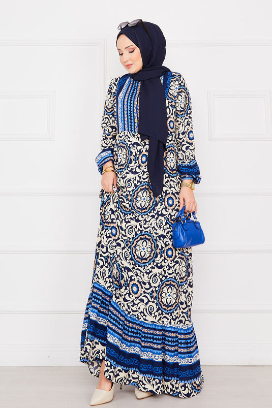 Medallion Patterned Viscose Hijab Dress Indigo