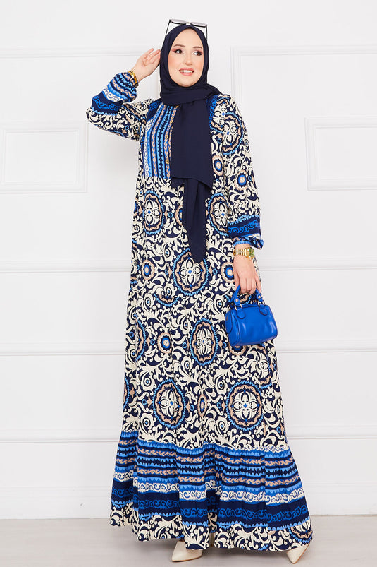 Medallion Patterned Viscose Hijab Dress Indigo