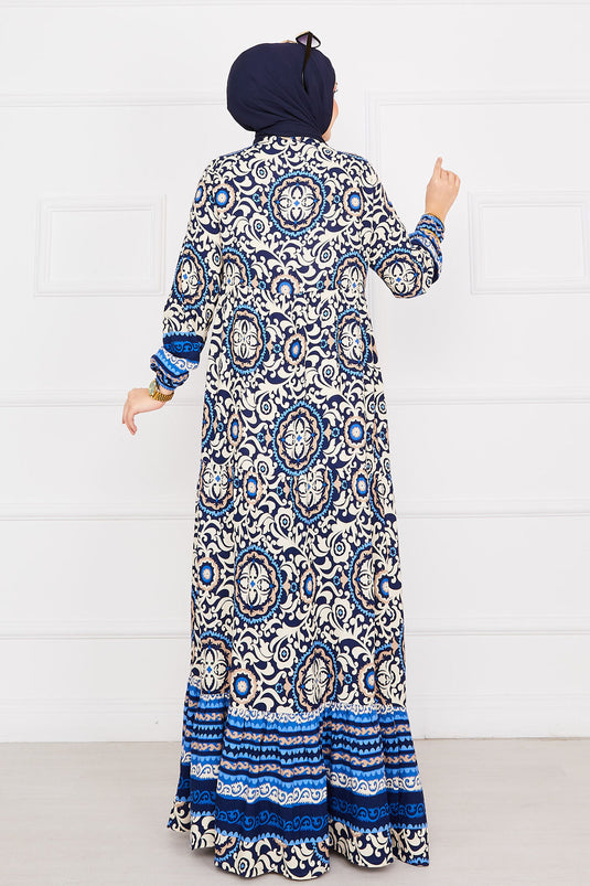 Medallion Patterned Viscose Hijab Dress Indigo