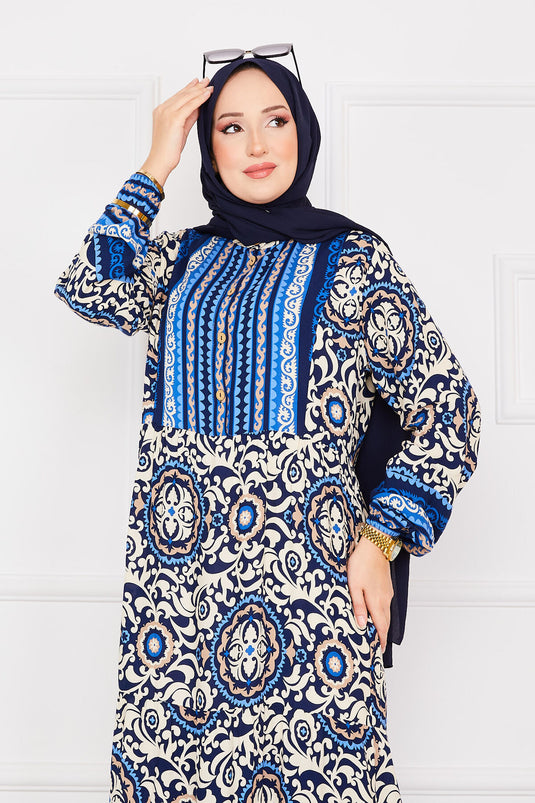 Medallion Patterned Viscose Hijab Dress Indigo