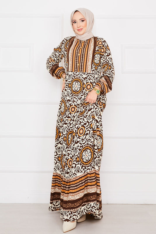 Medallion Patterned Viscose Hijab Dress Coffee