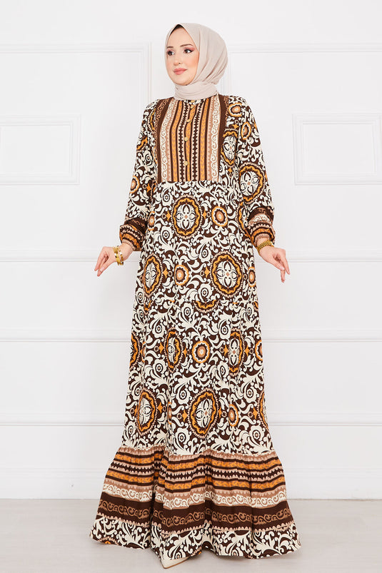 Medallion Patterned Viscose Hijab Dress Coffee