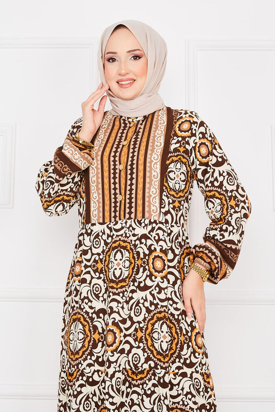 Medallion Patterned Viscose Hijab Dress Coffee