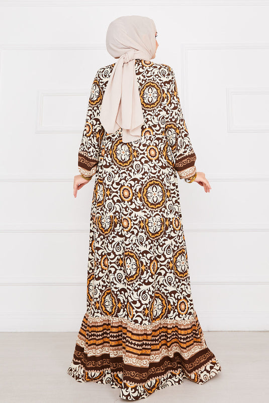 Medallion Patterned Viscose Hijab Dress Coffee