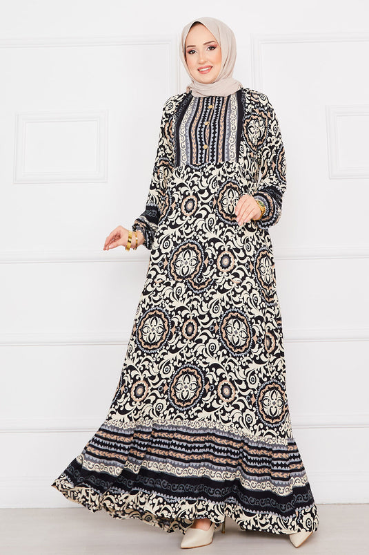 Medallion Patterned Viscose Hijab Dress Black