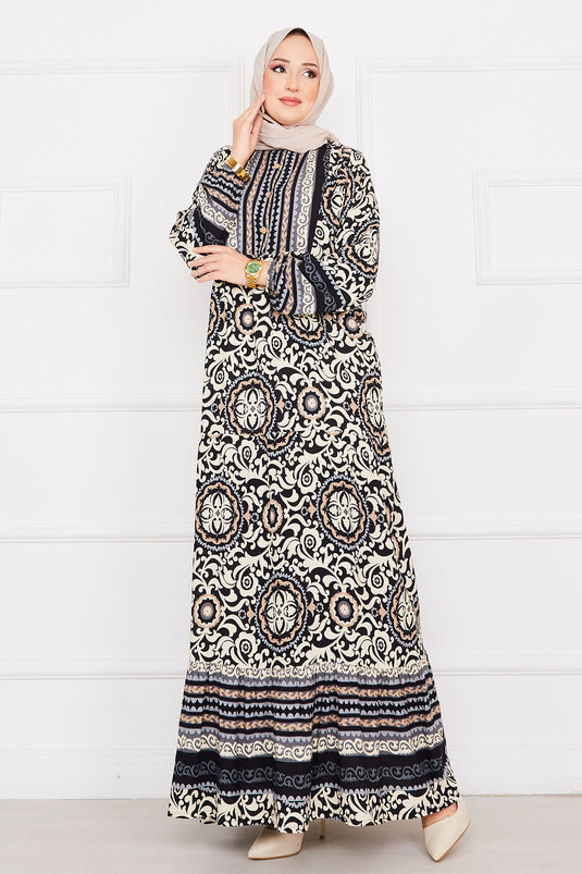 Medallion Patterned Viscose Hijab Dress Black