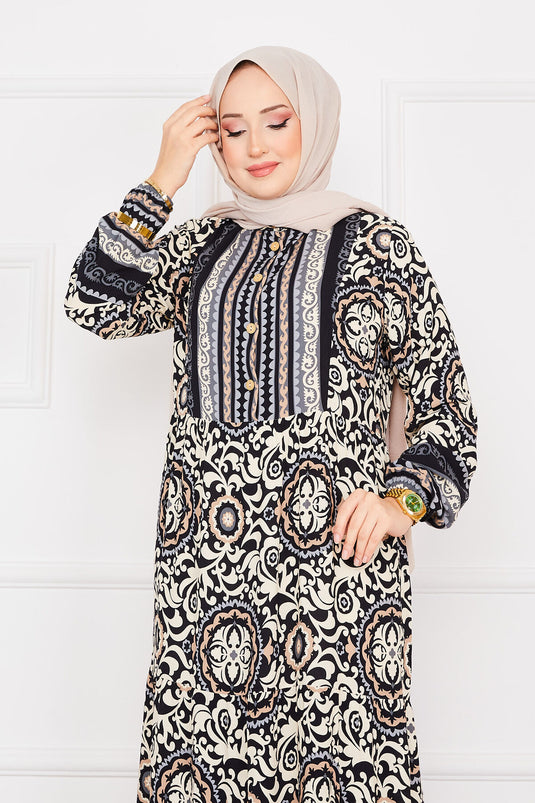 Medallion Patterned Viscose Hijab Dress Black