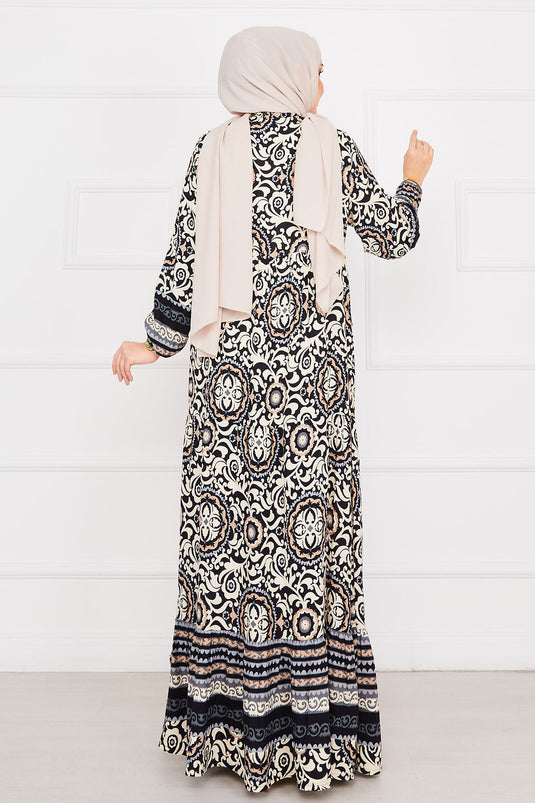 Medallion Patterned Viscose Hijab Dress Black