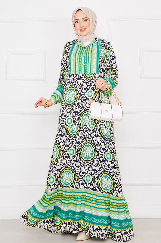 Green Brocade Patterned Viscose Hijab Dress