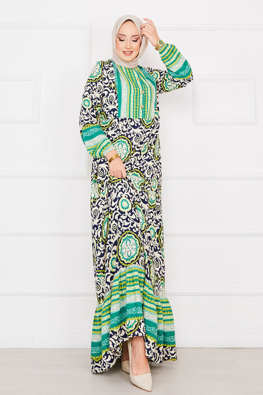 Green Brocade Patterned Viscose Hijab Dress