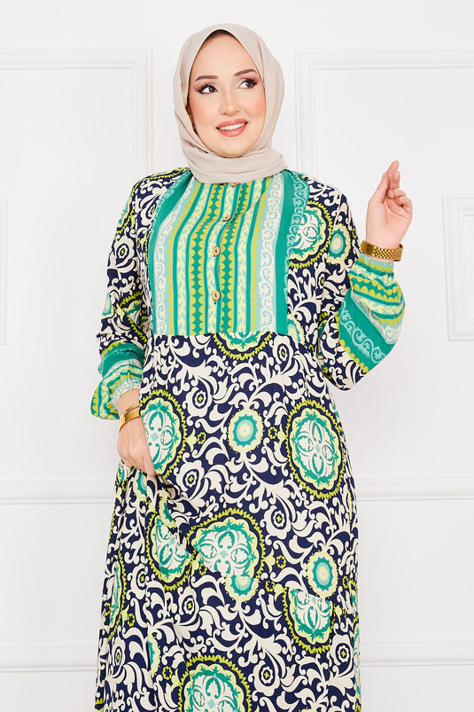 Green Brocade Patterned Viscose Hijab Dress