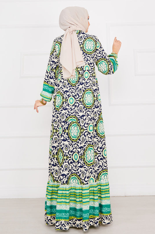 Green Brocade Patterned Viscose Hijab Dress