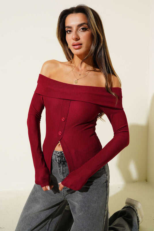 Madonna Collar Button-Down Blouse Burgundy