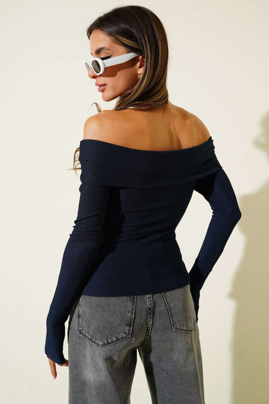 Madonna Yaka Düğmeli Bluz Lacivert