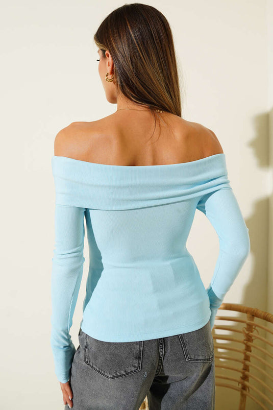 Madonna Collar Button-Down Blouse Blue