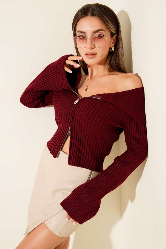 Madonna Collar Zip-Up Cardigan Burgundy