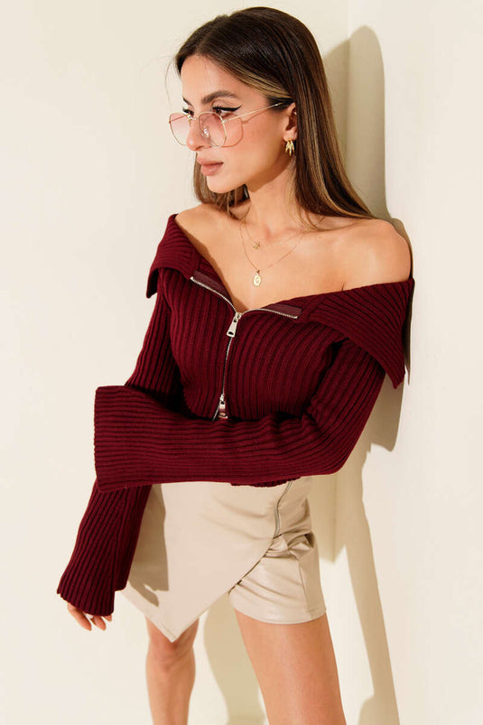 Madonna Collar Zip-Up Cardigan Burgundy