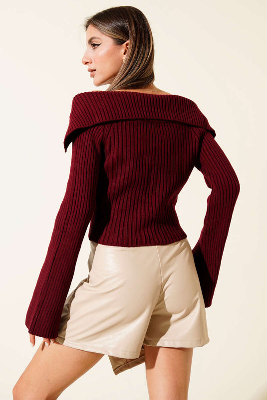 Madonna Collar Zip-Up Cardigan Burgundy