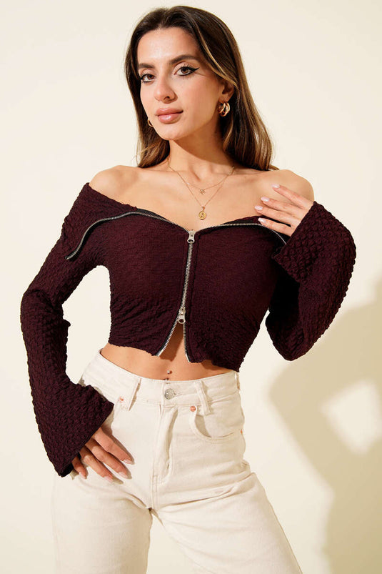 بلوزة وافل بياقة مادونا، لون برقوقي