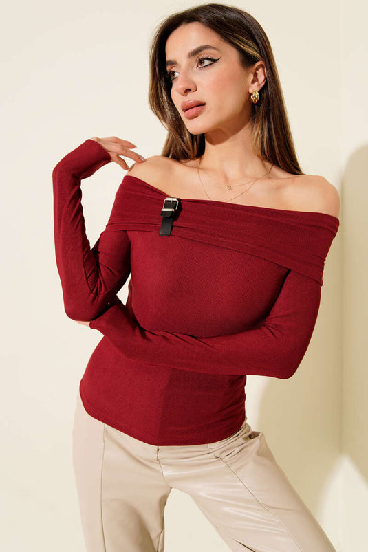 Madonna Yaka Kemer Detaylı Bluz Bordo