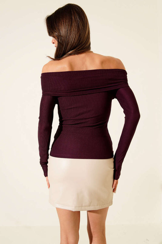 Madonna Neckline Belt Detail Blouse, Plum