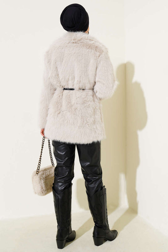 Madonna Yaka Kemerli Kürk Mont Bej