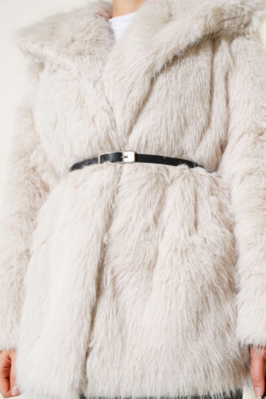 Madonna Yaka Kemerli Kürk Mont Bej