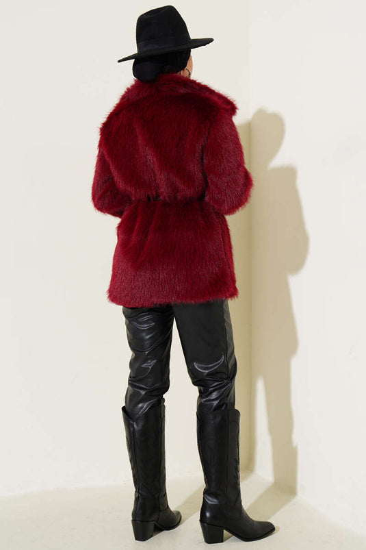 Madonna Yaka Kemerli Kürk Mont Bordo