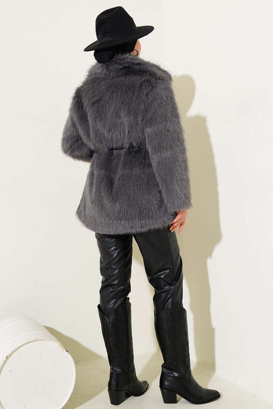 Madonna Collar Belted Fur Coat Smoke