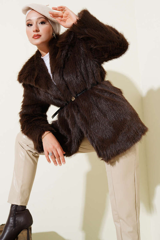 Madonna kraag ceintuur bontjas bruin