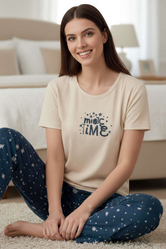 Magic Time Printed Short-Sleeve Pajama Set Beige Smoke