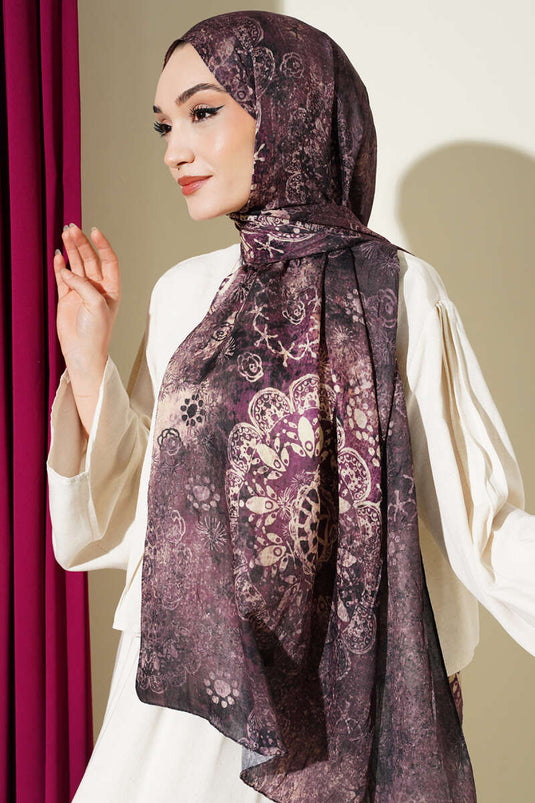 Mandala Desen Bambu Kraş Şal Mürdüm