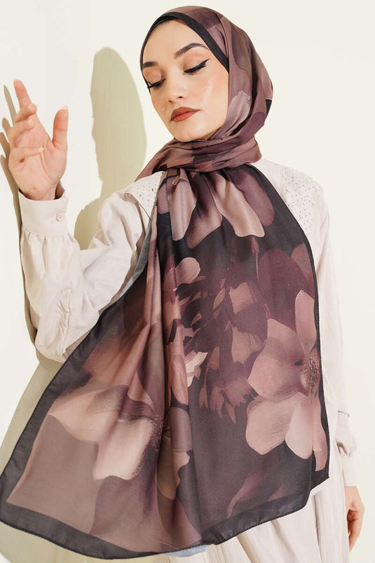 Manolya Desenli Şal Siyah Latte
