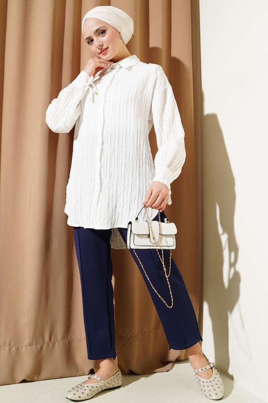 Cuffed Laced Embossed Striped Shirt Ecru