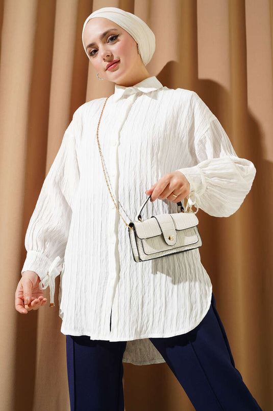 Cuffed Laced Embossed Striped Shirt Ecru