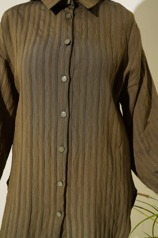 Lapel Tied Embossed Striped Shirt Khaki