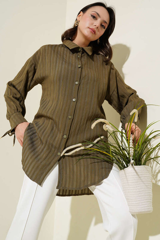 Lapel Tied Embossed Striped Shirt Khaki