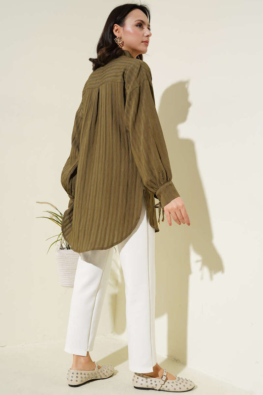 Lapel Tied Embossed Striped Shirt Khaki