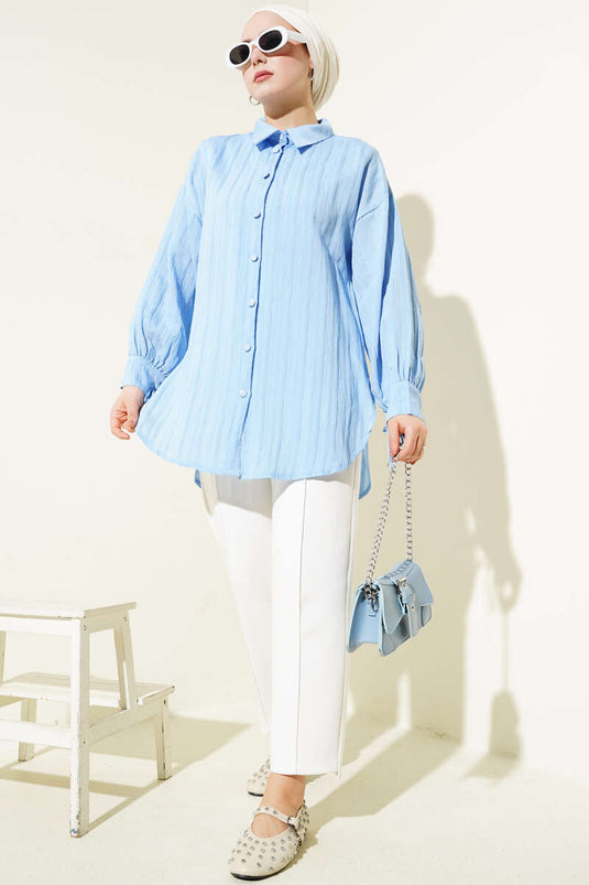 Cuffed Laced Embossed Striped Shirt Blue