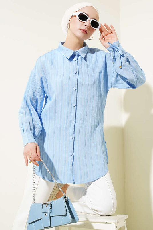 Cuffed Laced Embossed Striped Shirt Blue